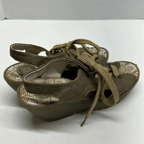 Fly London Ylva Wedges Sandals Open Toe Lace Up Suede Shoes Tan Brown Size 9 - Picture 5 of 10